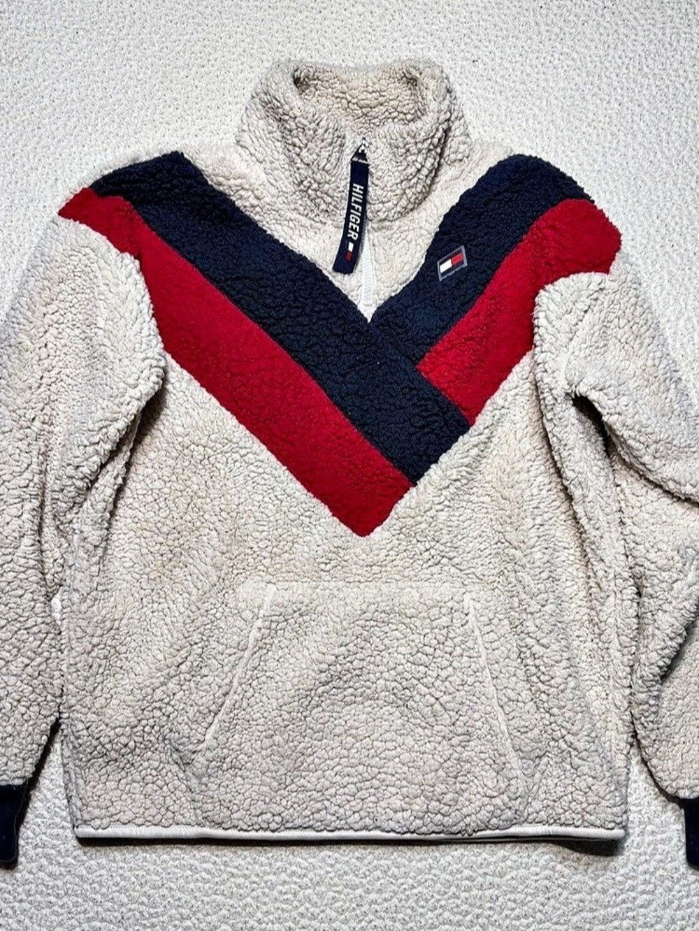 Tommy Hilfiger Sherpa Chevron Half-Zip Colorblock Pullover Cream & Red Medium